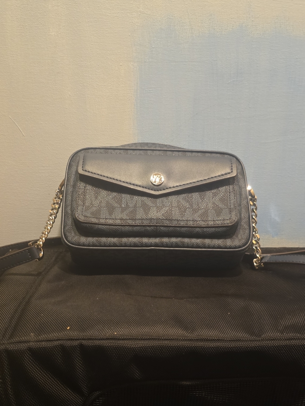 Michael Kors Navy Logo Crossbody with Gold Chain